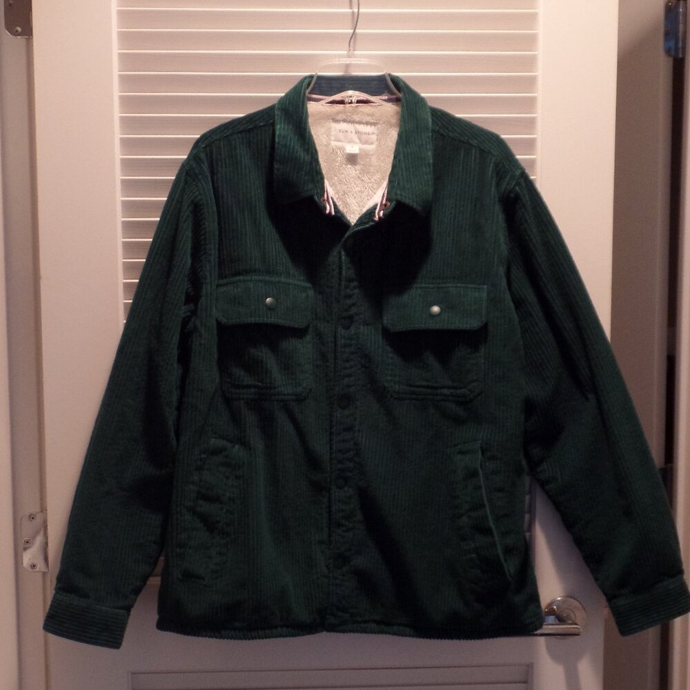 SUN & STONE Men's XL Corduroy Jacket. Forest Green with White Faux Fur Lining